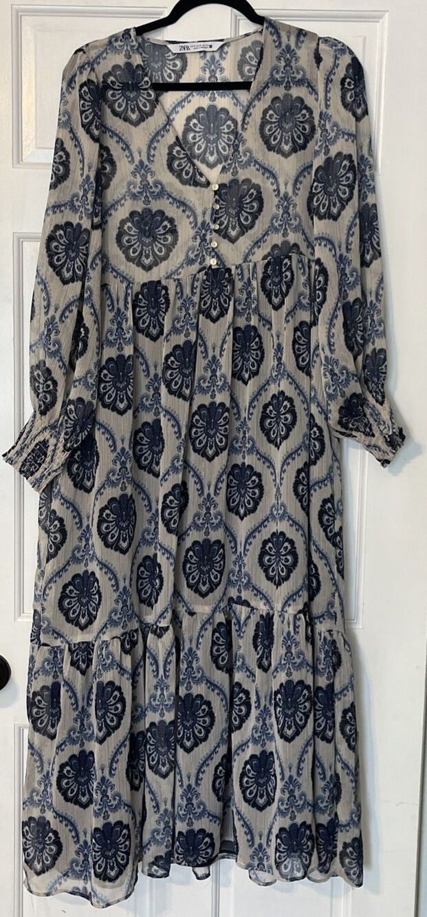 Zara Tiered Maxi Dress Medium Sheer Metallic Thread Cover Up Medallion Boho Dark